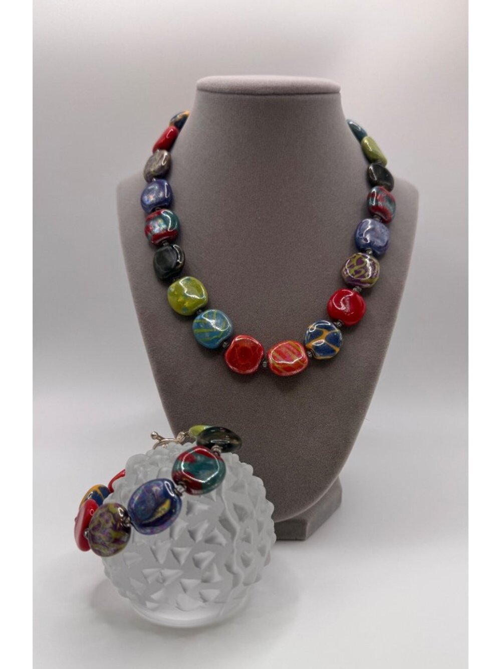 Colorful Glazed Ceramic Bead Necklace Bracelet Set Chunky Statement 16in
